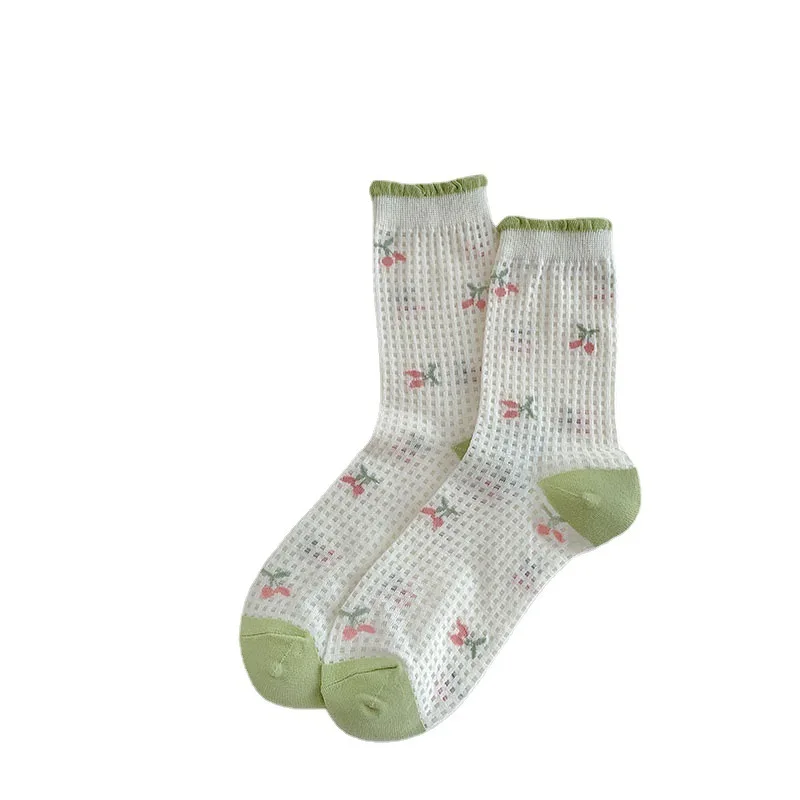 2 Paar Mid-Tube Socken Frauen Frühling und Herbst dünne kleine Blumen atmungsaktive süße süße Mädchen Sommer Freizeit