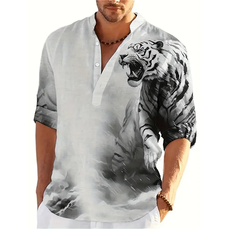 Animal Tiger 3D Printed Henley Shirts Men\'s Fashion Streetwear Oversized Stand Collar Long Sleeve Shirt Tops Blouse Man Clothing