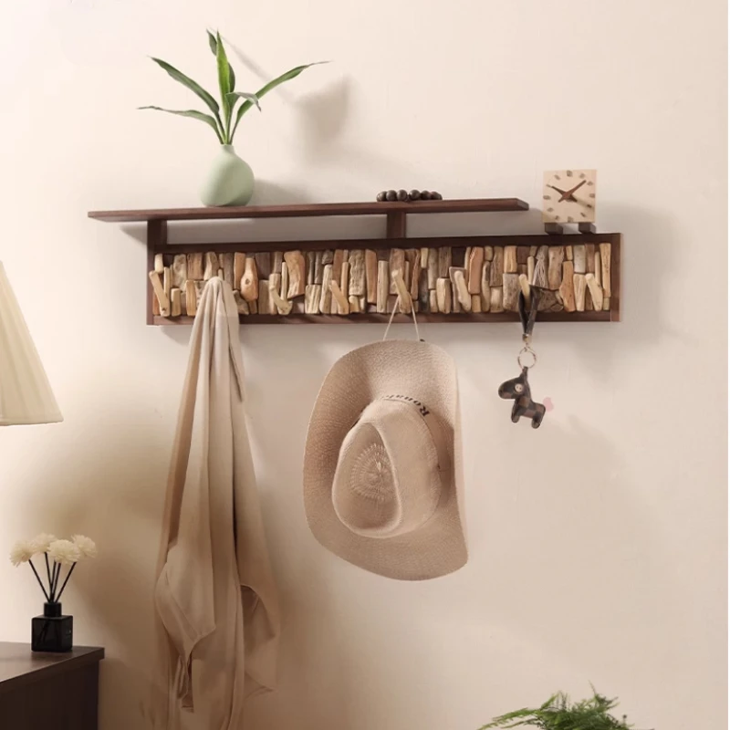 Solid Wood Entryway Wall Hooks Modern Key & Coat Hanger No Drill Mounted Shelf for Jackets Hats and Wooden Storage Organization