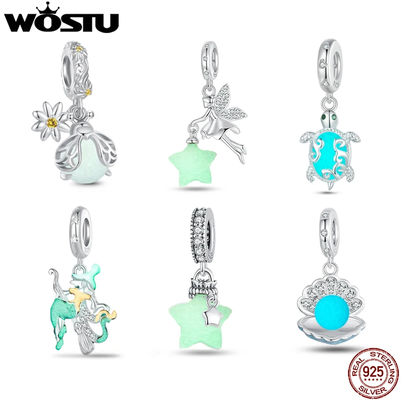 WOSTU 925 Sterling Silver Luminous Firefly Charm Fairy Star Pendant Turtle Shell Glow in Dark Bead Fit Bracelet DIY Jewelry Gift