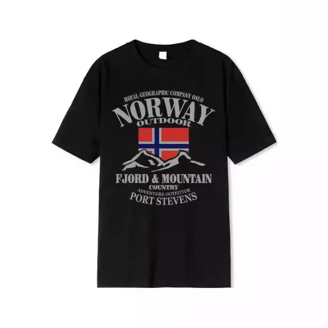 

Norwegian Flag Fjord Mountain Crazy Hip Hop O-neck T-shirt Men's Summer Short sleeved Funny T-shirt