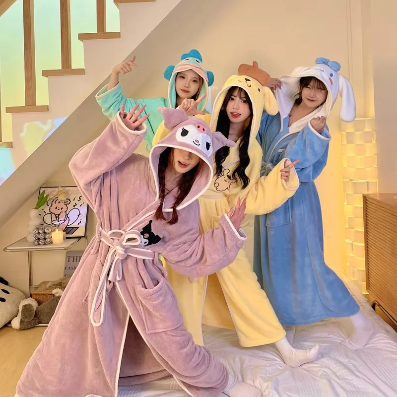 Sanrio Series Nightgown Melody Kuromi Cinnamoroll Cartoon Patterns Coral Fleece Autumn And Winter Style Bathrobe Lovers Pajamas