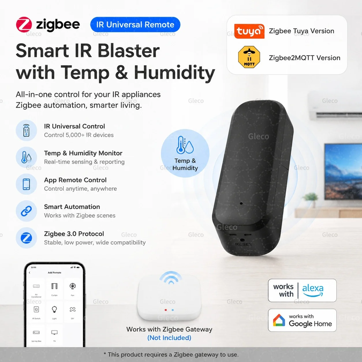 Zigbee IR-Fernbedienung Drahtloser Universeller Infrarot-Blaster Temperatur- und Feuchtigkeitssensor Zigbee2mqtt TUYA Smart Life Automation