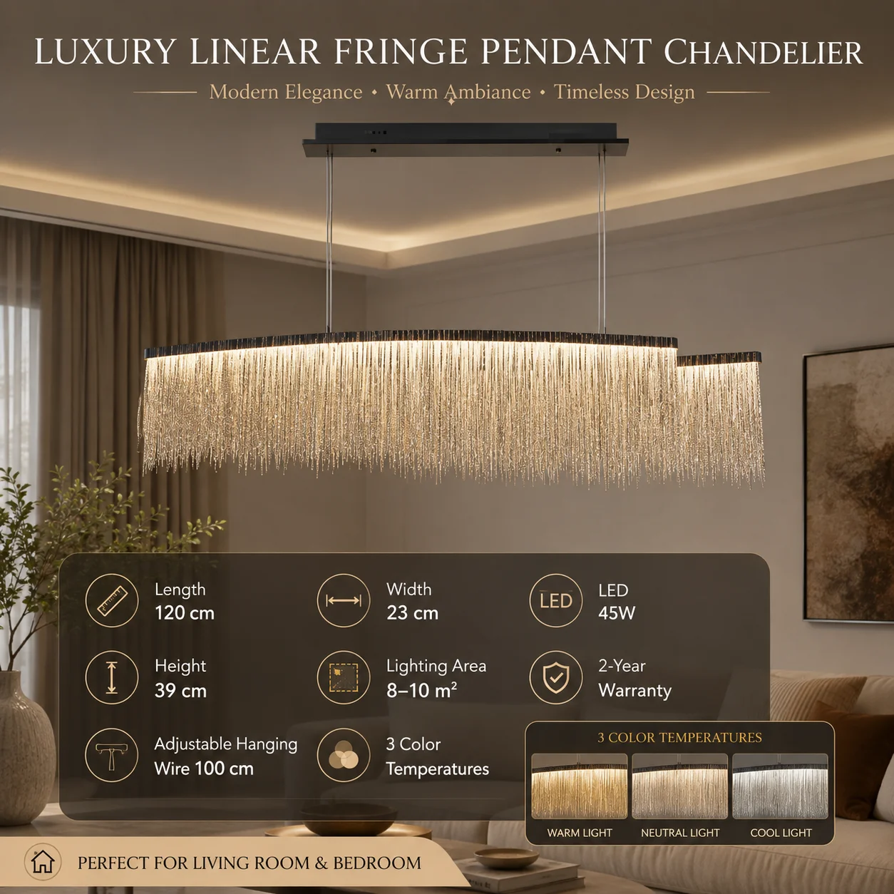 Modern Light Luxury Fringe Crystal Tassel Chandelier Black Metal Linear Pendant Light Home Decor for Dining Living Room