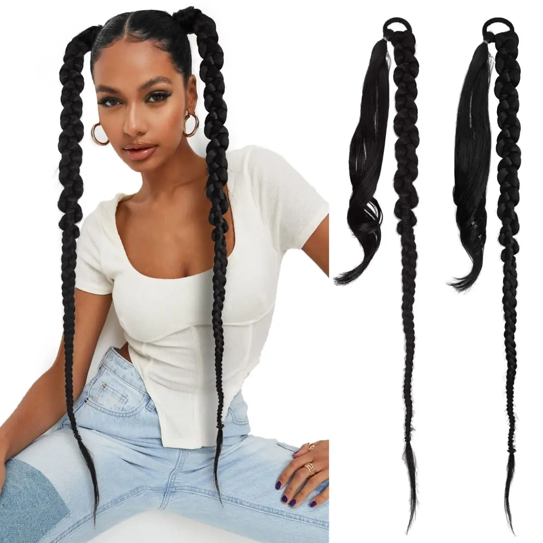 

Natural Black 26 Inch Long Braided Ponytail with Rubber Band Extension Straight Wrap Around Thick Soft Hair Yaki Synthetic Wig