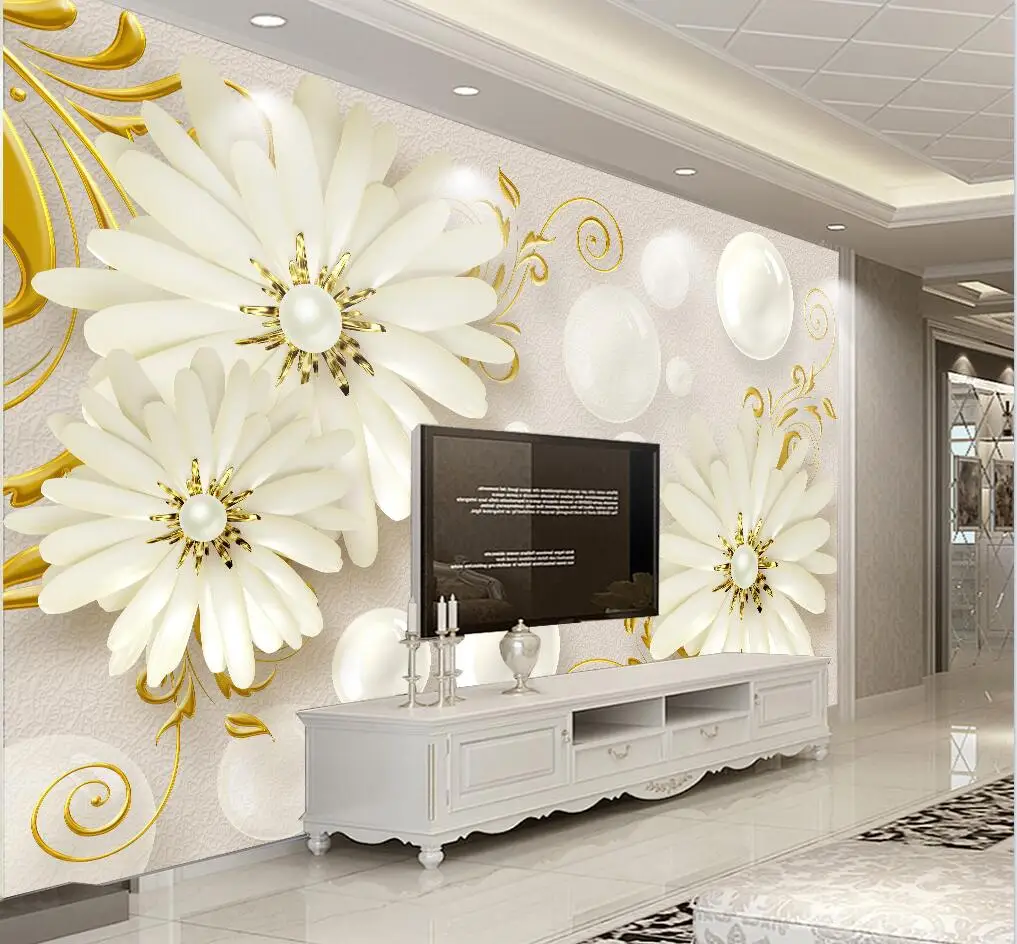 Custom wallpaper murals white flowers high-grade embossed modern jewelry living room hotel background wall 3d wallpaper