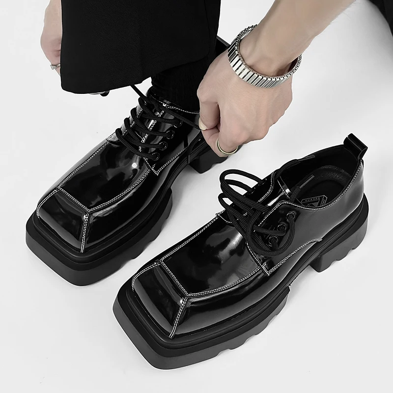 men fashion punk hip hop dress patent leather shoes black stylish platform shoe brand designer square toe sneakers mans footwear