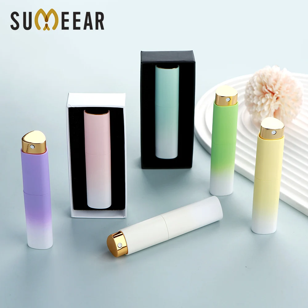 10pcs 10ml gradient perfume spray bottles (rotary press type), glass inner liner/ABS shell, with an elegant outer box.