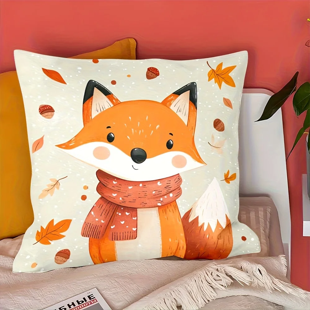 Cute fox and autumn leaf pattern pillowcase - machine washable polyester material, suitable for living room and bedroom.