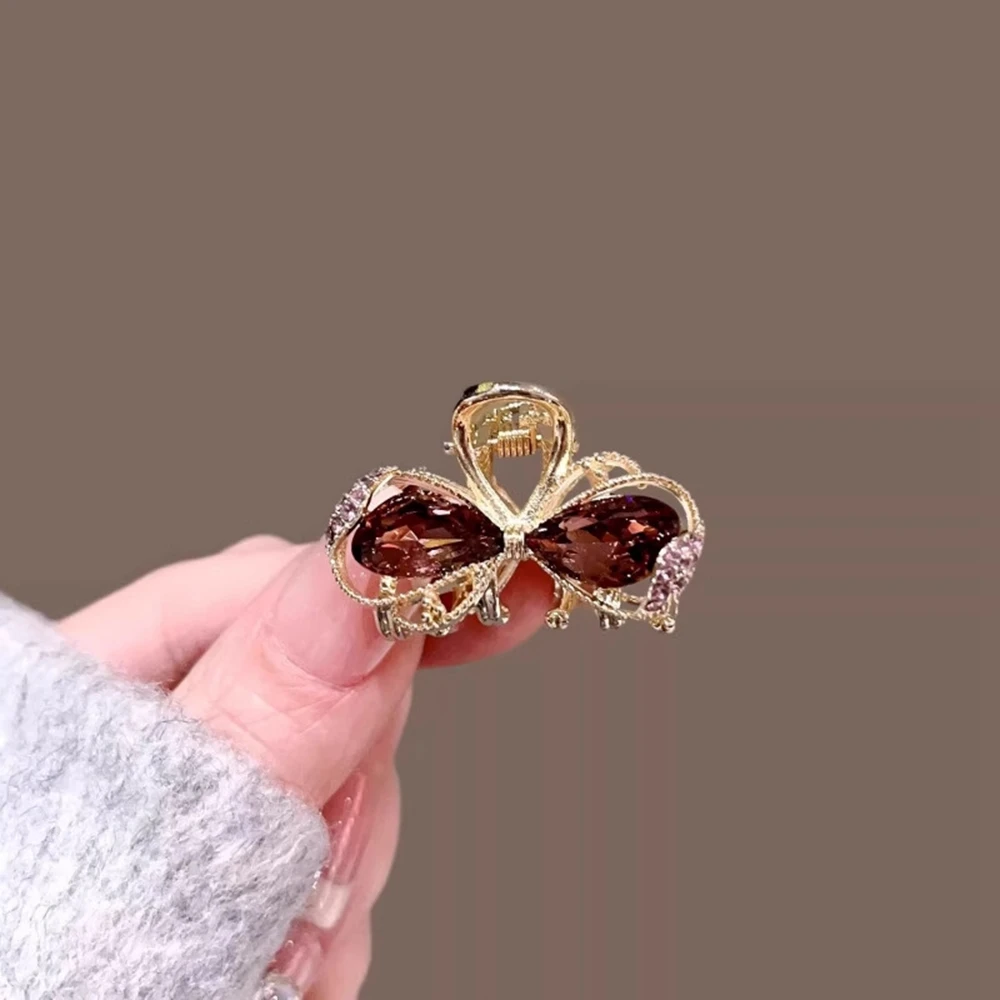 Crystal Bow Hair Claw Clip For Women Bangs Side Hair Elegant Daily Accessory Gift Shiny Brown Rhinestone Detail
