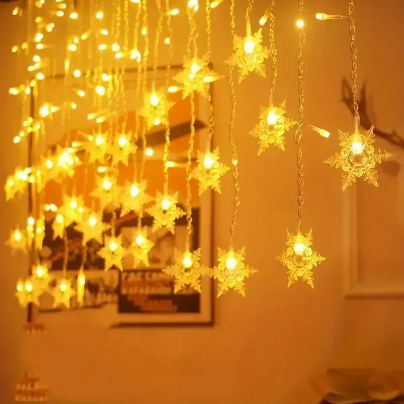 

Christmas Snowflakes Icicle LED String Lights Flashing Fairy Curtain Lights for Holiday Party Wedding Xmas Bedroom Decorations