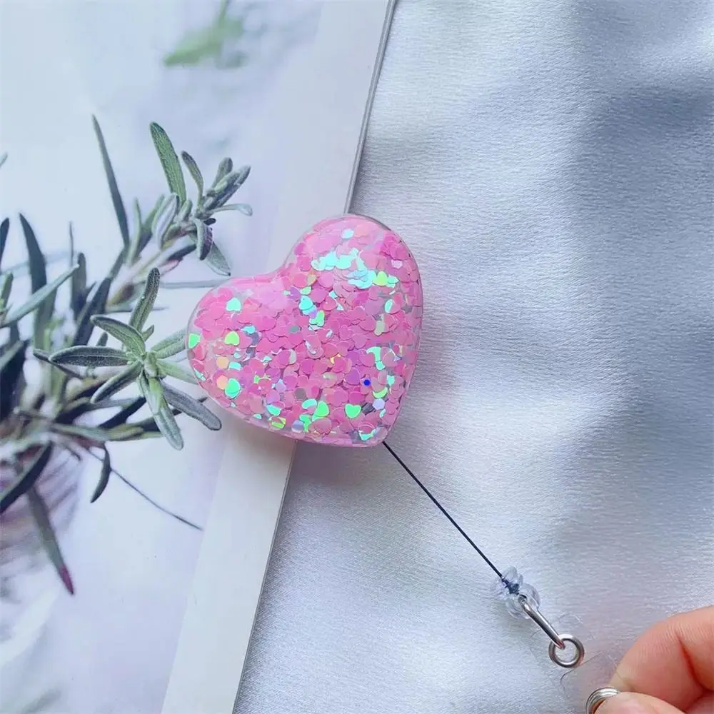 Love Heart Retractable Badge Holder Bling Glitter 360 Rotating Nurse Badge Reel Name Card ID Card Clips Easy Pull Buckle