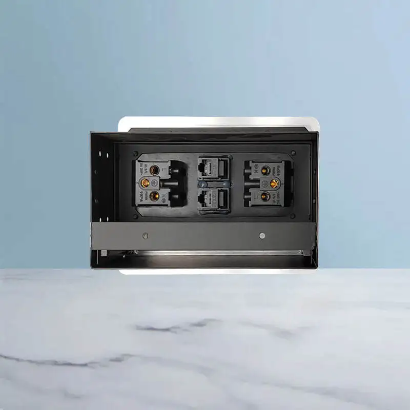 Multimedia aluminum clamshell desktop socket box with brush, recessed conference socket, desktop power supply, recessed