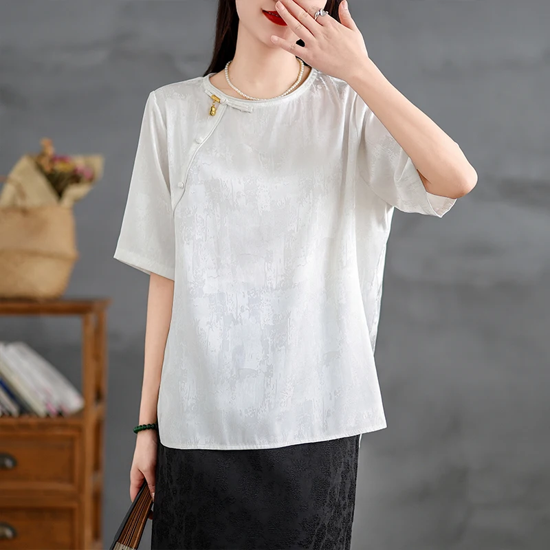 تي شيرت Ele Silk للسيدات ort Sve بتصميم أزرار صيفي جديد Sle صغير ence National Sle نمط زهرة تقليدي... #2