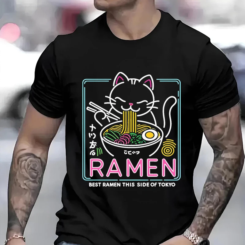 

Cartoon Cat Eating Lamian Noodles Pattern Men Women T-shirt Casual Oversized Loose Harajuku Couple Tee Kawaii Unisex Clothing