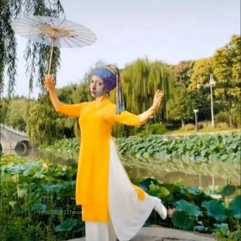 Китайский стиль, современная танцевальная практика Hanfu, женская классическая этническая двухслойная элегантная марлевая одежда средней длины с разрезом