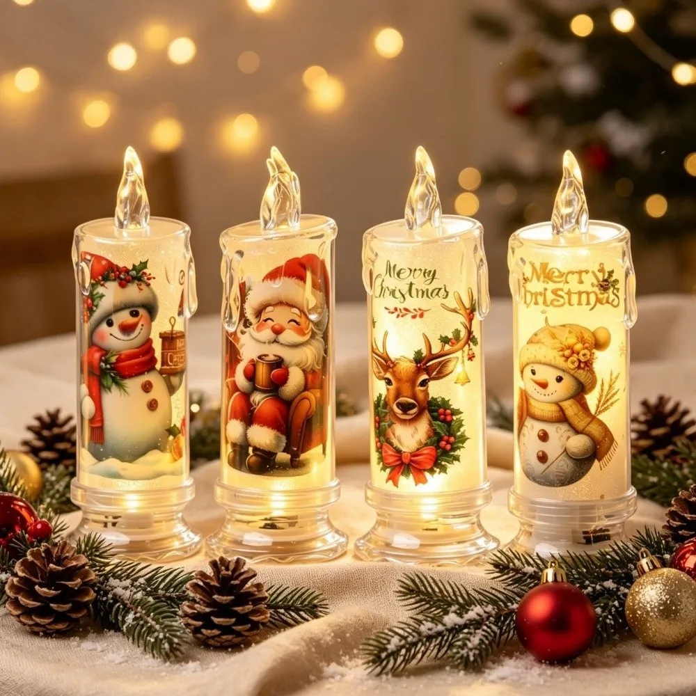 4PCS Flickering Christmas Flameless Candles Cute Electric LED Pillar Candles Convenient Cartoon Printed Lights Fake Candles