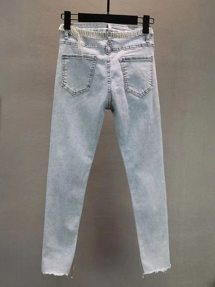 Women's 2026 Spring Summer Light Blue Denim Jeans Slim Fit Stretchy Skinny Pants With Tassel Fringe Streetwear
