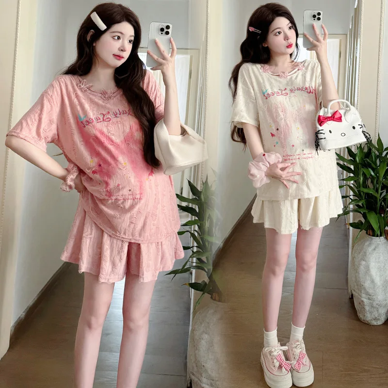 2025 Sweet Pregnancy Outfit Summer Bow Detail Blouse with Shorts Loose Fit Maternity Two Piece Set Feminine Comfortable