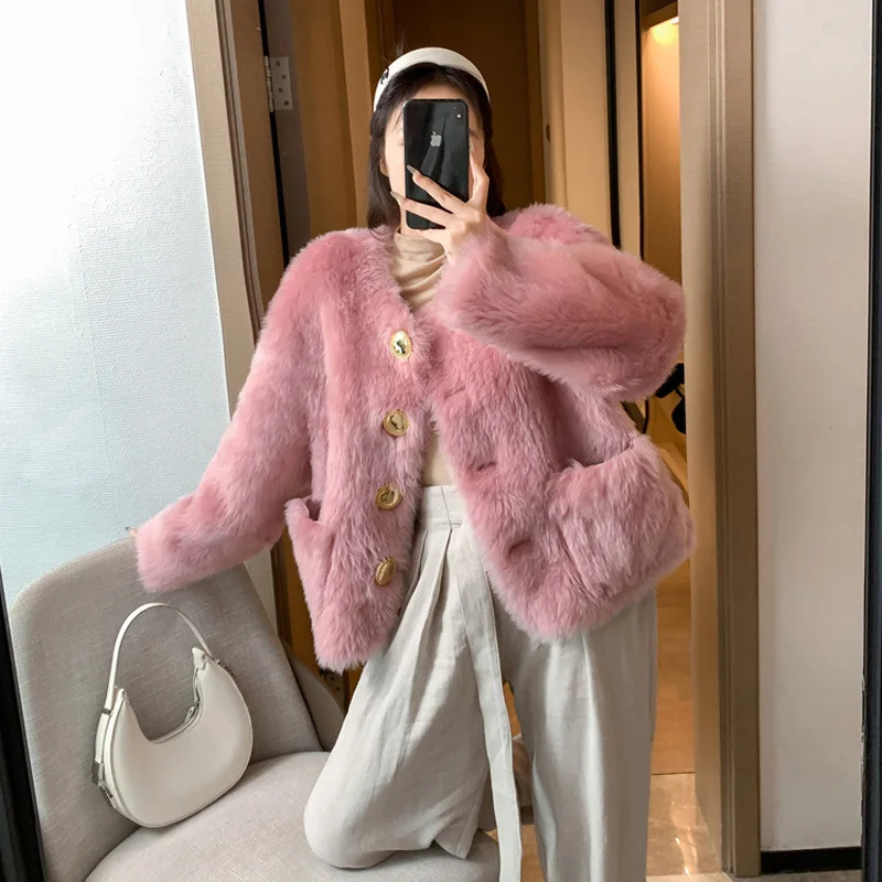 

Celebrity Wind Small Fragrance Big Gold Buckle All Wool Tuscany Fur One Piece Women's Fur Sheep Shearing Coat Winter