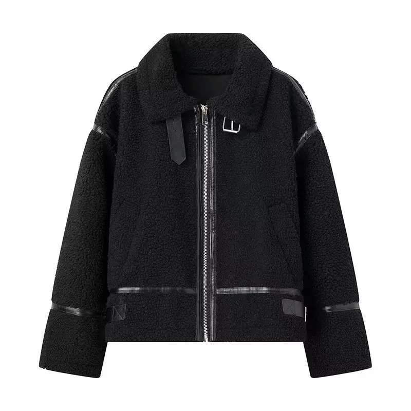 Flip collar color lamb wool jacket warm and comfortable in autumn and winter slim fit jacket motorcycle leather jacket