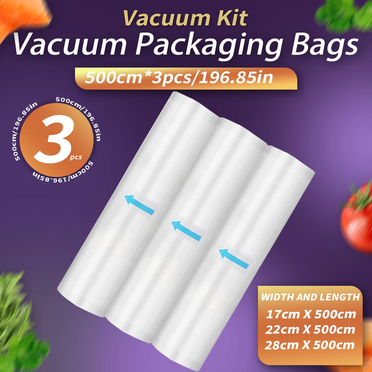 3pcs 5m vacuum sealed food bag roll, free of bisphenol A, seven layer co extruded diamond pattern vacuum preservation bag