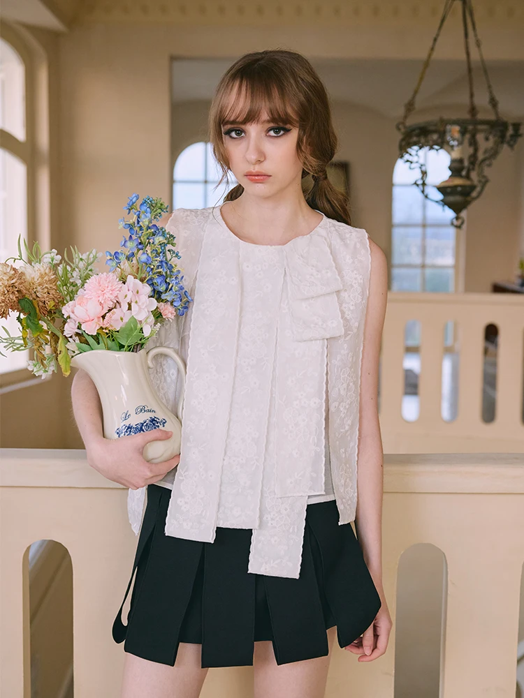 

Женский топ-жилет Perpearl26 Spring "Fleur" с белой кружевной вышивкой и узлом, из хлопка и нейлона