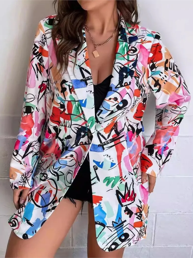 Plus Size autunno Blazer abiti cappotto donna irregolare stampa Graffiti Modis giacche da donna manica lunga Casual donna Blazer Suit Coat