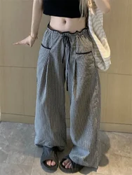 Plaid Ruffled Black Pants Women High Waist Kawaii Coquette Japanese Sweet Style Cute Wide Leg Trousers Harajuku Pant Vintage Y2k