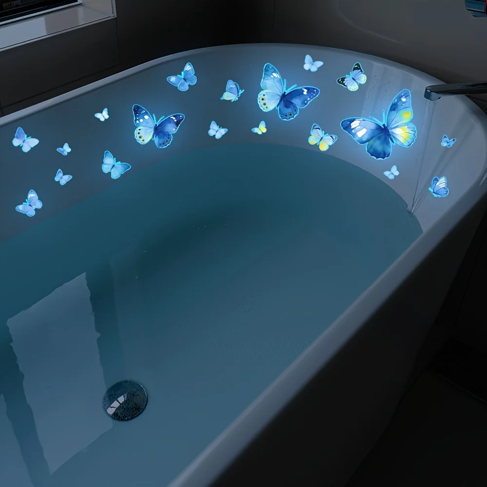Two dimensional flat luminous butterfly wall sticker, self-adhesive removable toilet and bathtub sticker