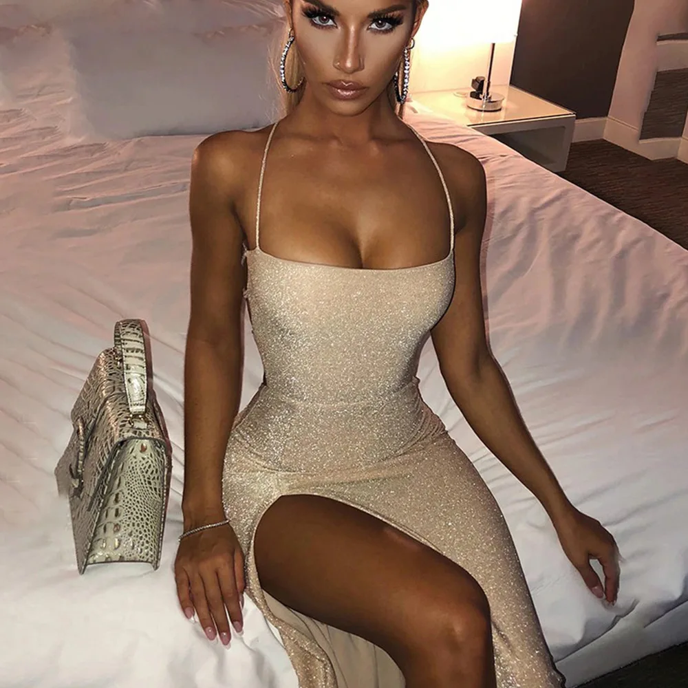 

Glitter Backless Dress Women High Split Bodycon Dress Sleeveless Party Bandage Shiny Dress Y2k BlingBling Long Dresses for Women