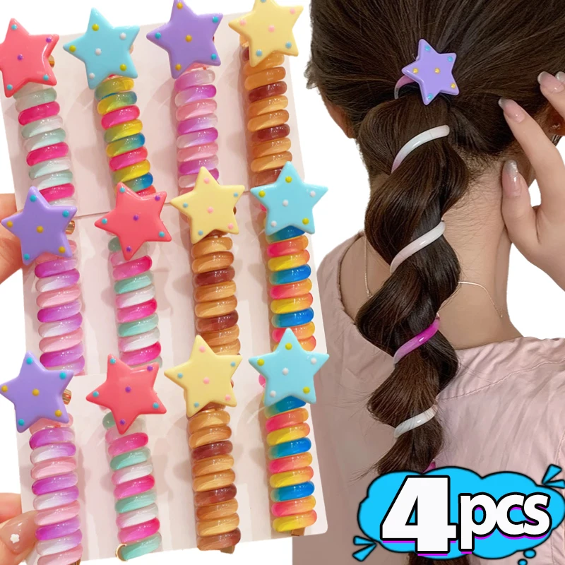 1/4pcs Elastic Telephone Wire Hair Ties Women Girls Star Hair Bands Spiral Coil Rubber Band Ponytails Head Rope Hair Accessories