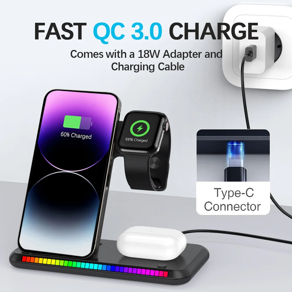 3 in1 Foldable Wireless Charger For iPhone 16 15 Pro Max Xiaomi 14 Huawei Samsung Galaxy S23 Ultra Watch Headphone Quick Charger