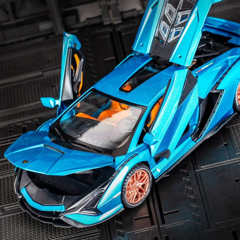 1:24 لامبورغيني سيان سبيكة نموذج سيارة الأطفال التراجع لعبة الأبواب وصندوق غطاء محرك السيارة يمكن فتحها بتفاصيل غنية وصنعة جيدة