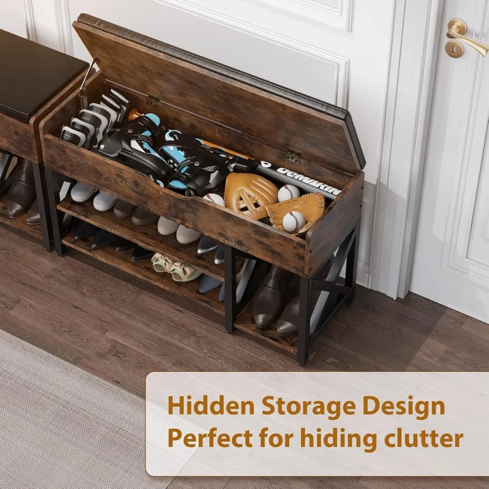 Скамья для хранения обуви из дерева и металла с подъемной столешницей, регулируемой полкой и подушкой для организации прихожей
