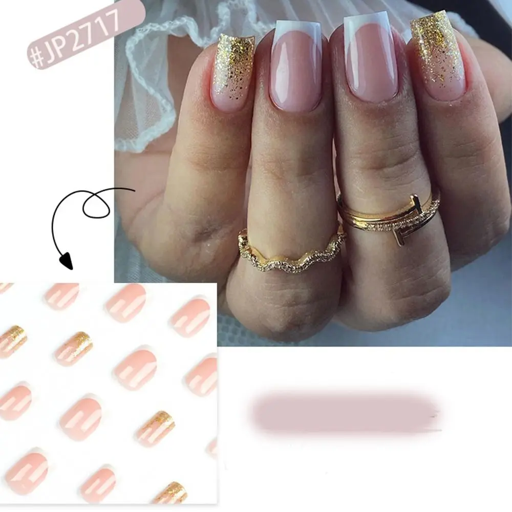 Fashion Long Square False Nails Gold Pink French Fake Nials Full Cover Glitter Strips Press on Nails Women Girls