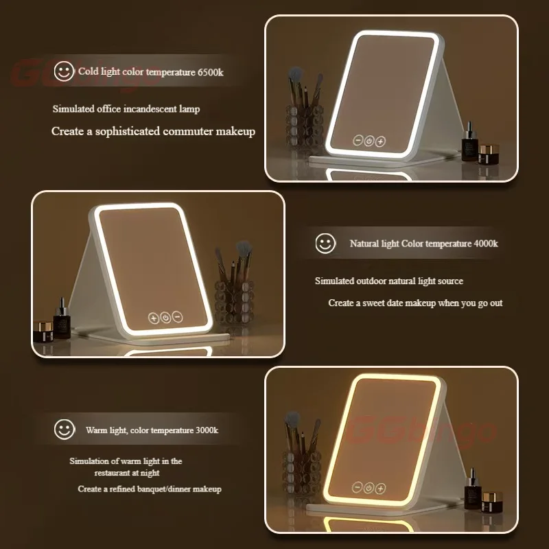 

Зеркало для макияжа со светодиодным сенсорным экраном, перезаряжаемое USB-складное косметическое зеркало с подсветкой и 3-мя цветными режимами освещения для косметических инструментов