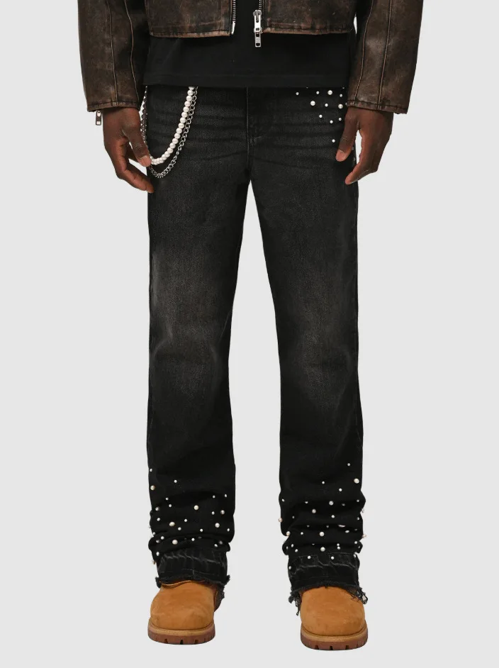

Vintage Ankle Length Trousers Mid Waist Pockets Punk Zipper Fly Streetwear Washed Denim Pearl Straight Jeans Men Pant Distressed