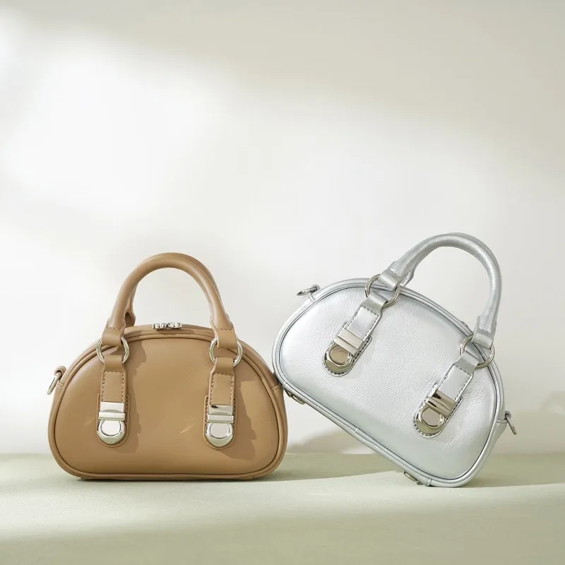 Genuine Leather High End Buckle Shell Bowling Bag Retro Shoulder Crossbody Bag Fashion Coin Purse Mini Handbag 2025 New