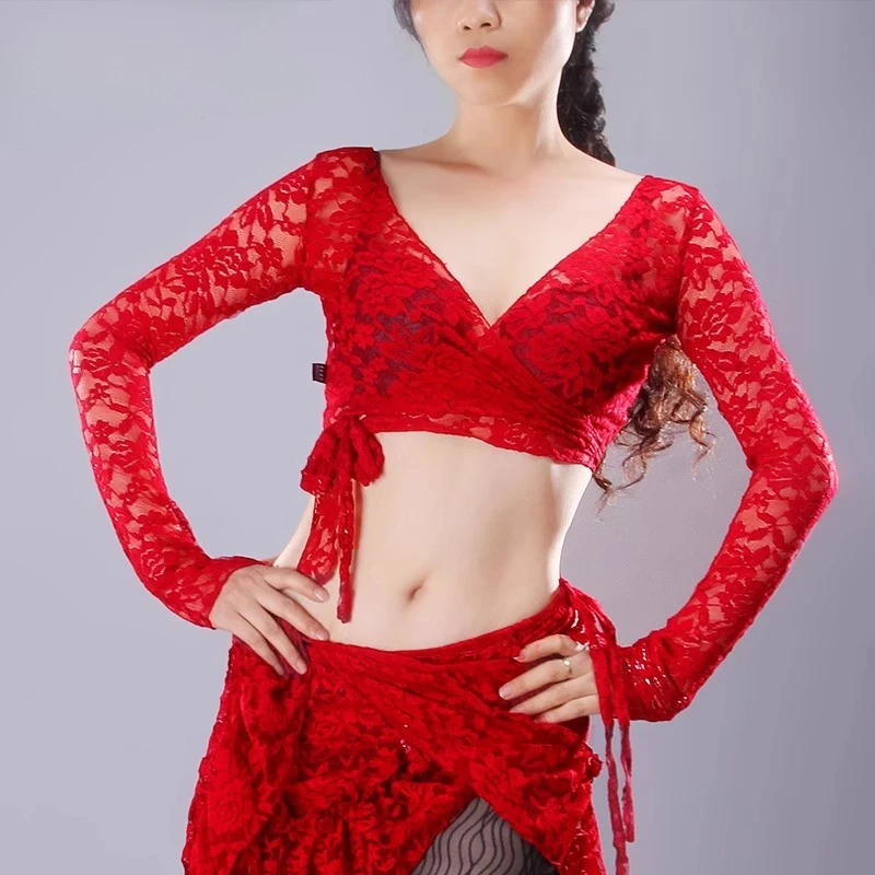 Customized New Belly Dance Costume Modern Dance Top Sexy Mesh Chest Strap Long Sleeve Cardigan Dress Exotic Dancewear
