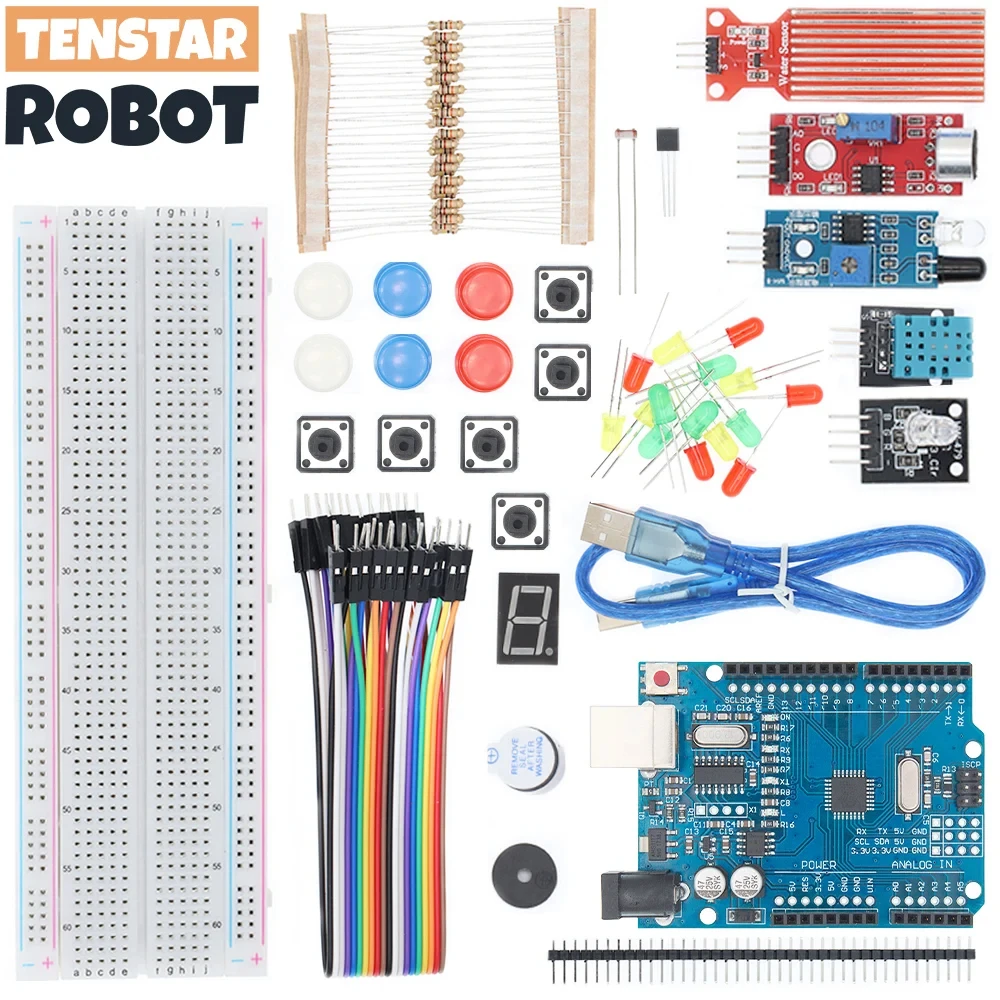 Electronic Starter Kit for Uno R3 Breadboard Basic Simple Learning Kit Sound Water Level Humidity Distance LED Contro