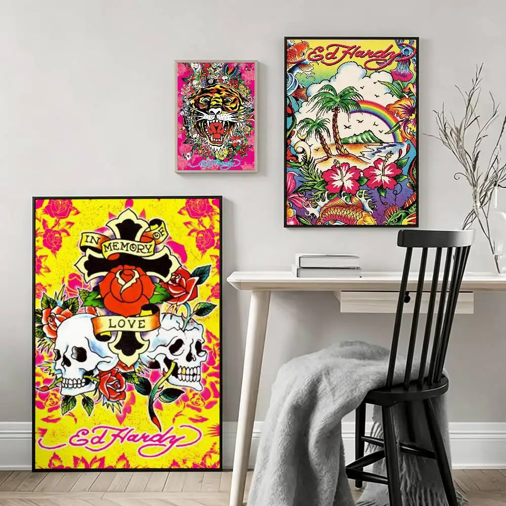 E-Ed Hardy Brand Poster High Quality Dorm Living Room Aesthetic Wall Decoration Painting Stickers Gift
