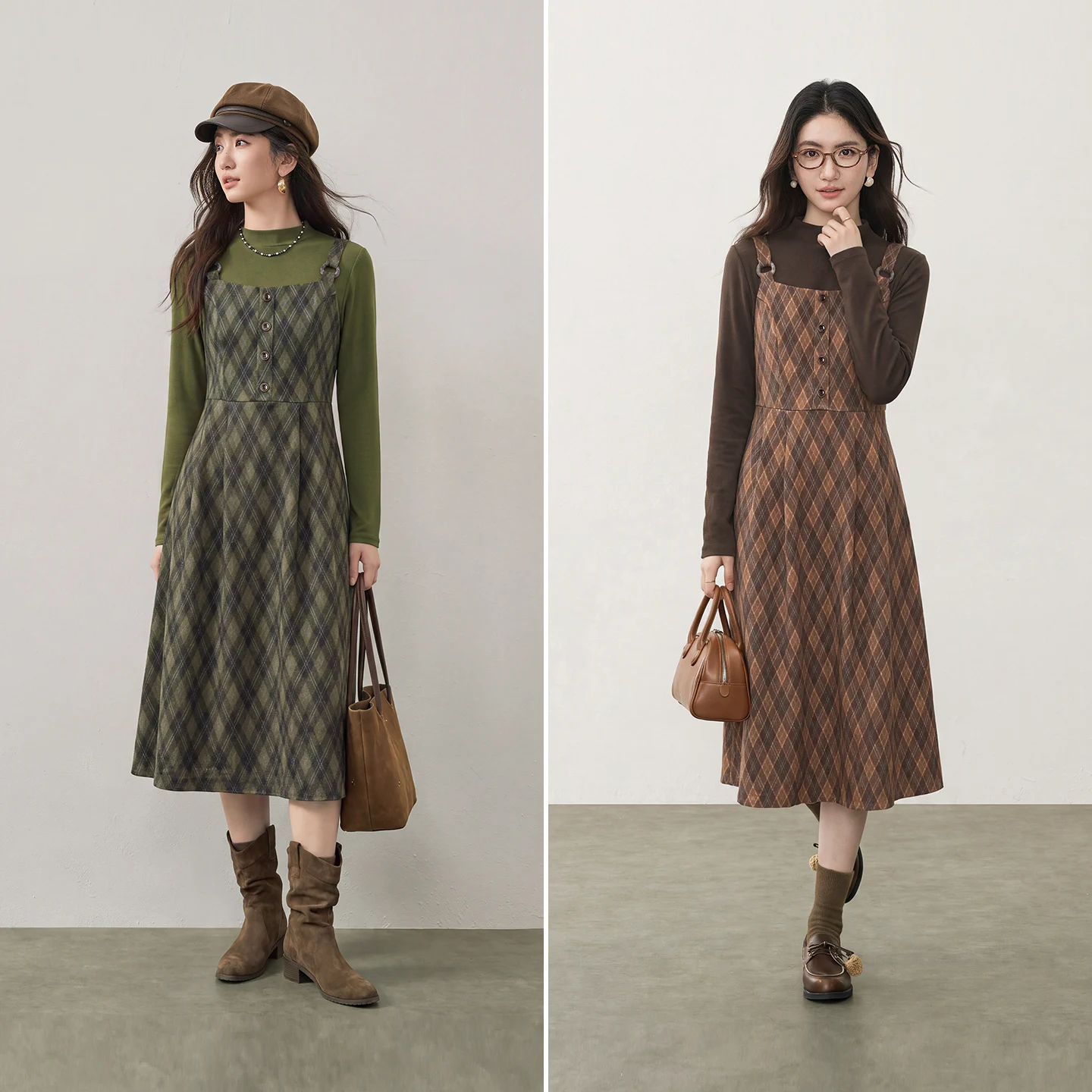 SENTUBILA Women Vintage Two‑Piece Set Long Sleeve Mock Neck Knitted Base Top A‑Line Pinafore Dress Atmospheric Outfit W63ZB9025