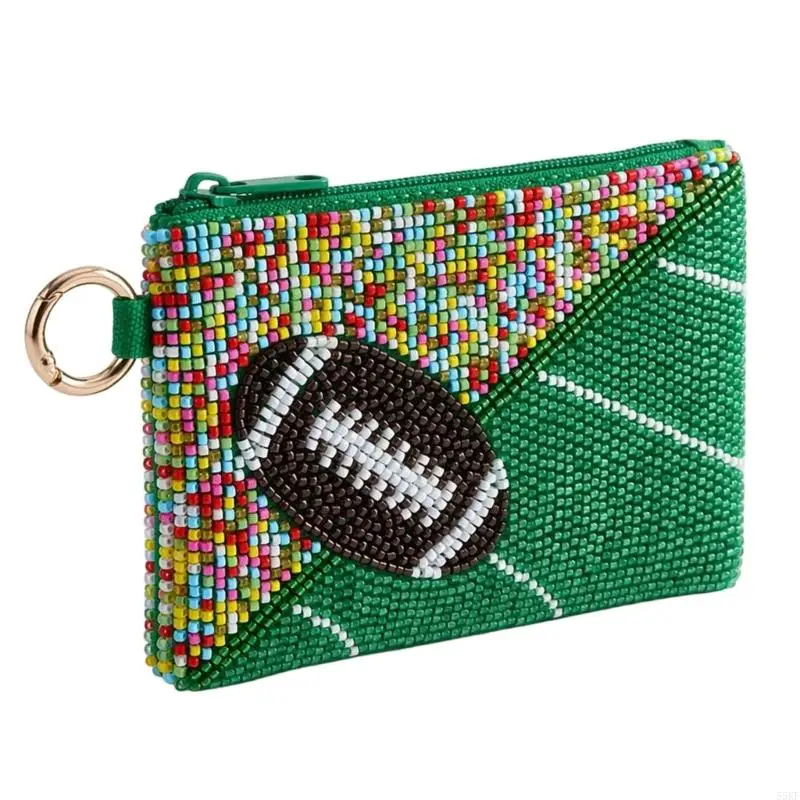 A Football-Themed Coin Holds Banknotes, Cards, Small Jewelry, and Change with Front Beadwork and a Top Fastening 55KF