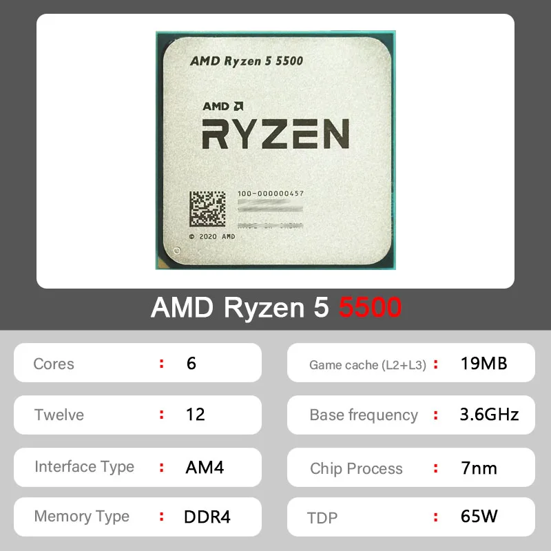 

New AMD Ryzen 5 5500 R5 5500 3.6 GHz 6-Core 12-Thread CPU 7NM L3=16M 100-000000457 Socket AM4 but without cooler