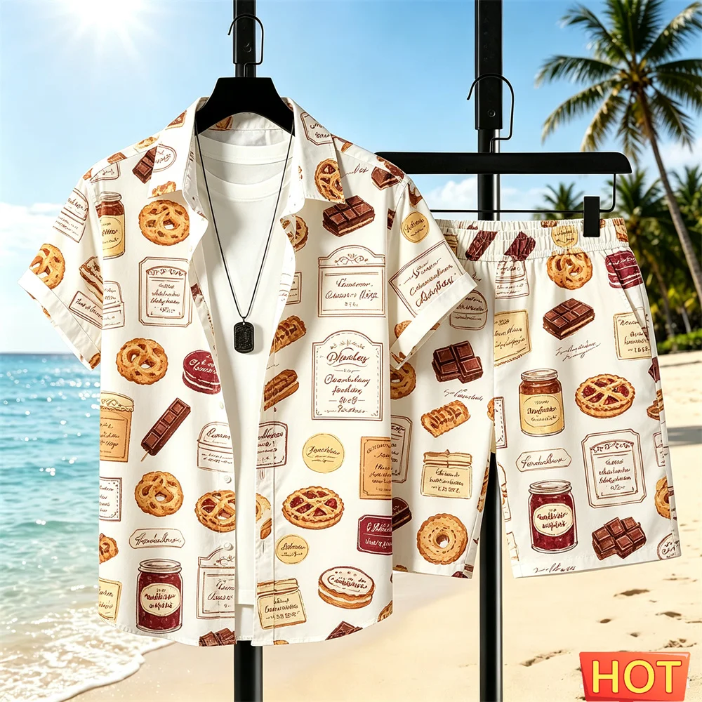 Summer Men's Hawaii Vacation Shirt Set Dessert graphic shirt Beach Vacation men's Two-piece set Breathable men shirt+shorts tops