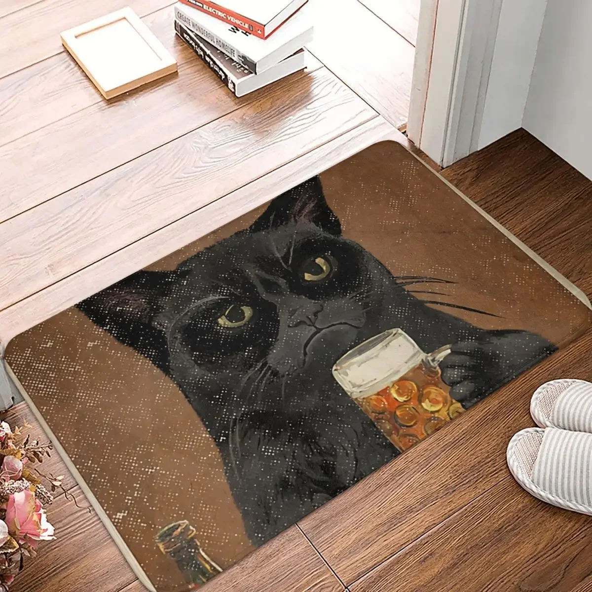 Grumpy Beer Because  Is Wrong Anti-Slip Doormat Living Room MatBlack Cat Floor Carpet Welcome Rug Bedroom Decor