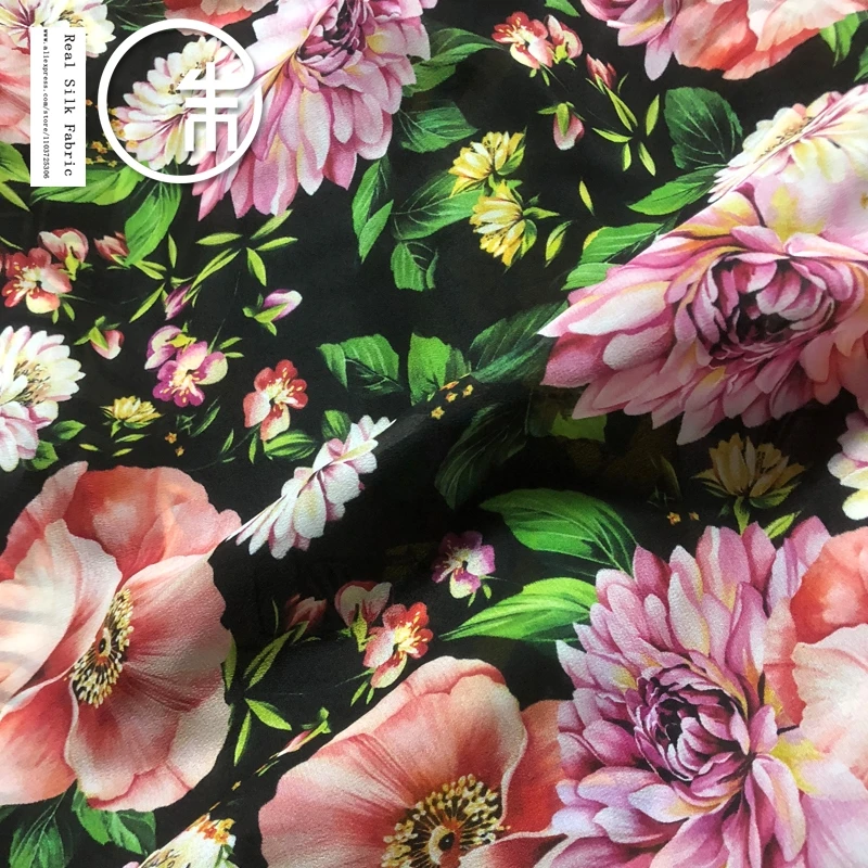 

High Quality Plant Flower Peony Chinese Style Silk Real Silk Designer Fabric Fabric Crepe De Chine Cheongsam Dress Cloth