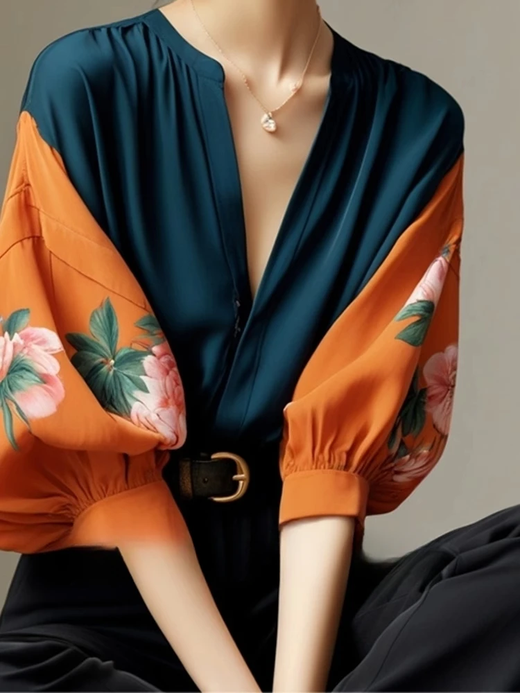 French Vintage Blouses V Neck Lantern Sleeve Flower Print Contrast Color Summer Shirts Loose Elegant Design 2025 Women Clothing