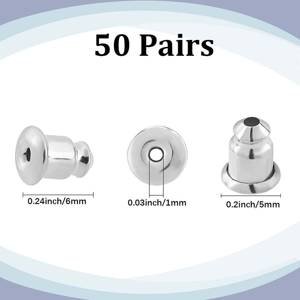 50 Pairs Earring Backs for Studs Bullet Locking Replacements Platinum Plated Brass Silver Ear Nuts Backings Set 6 x 5mm